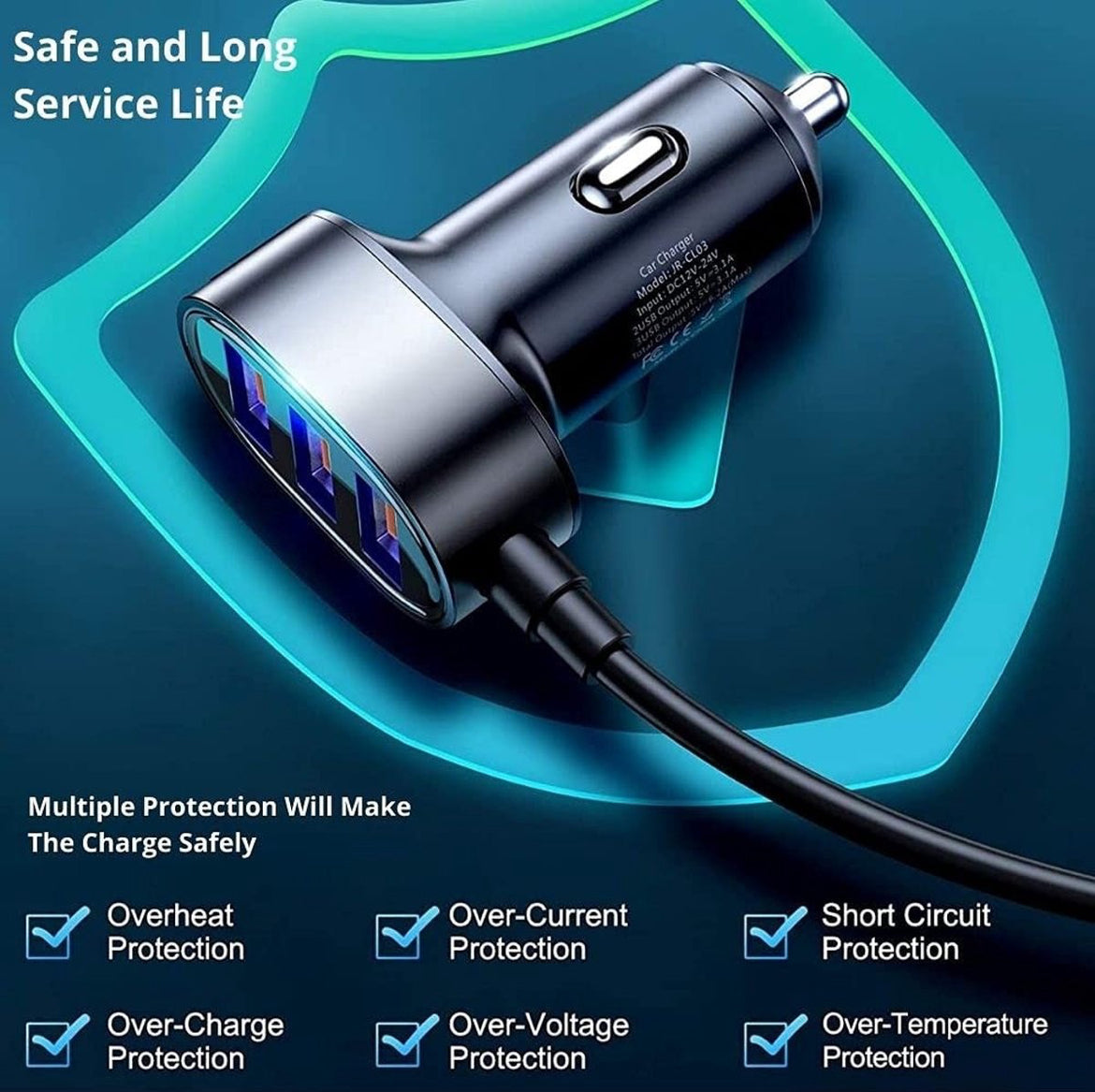 Autolader met 5 USB poorten - Snellader - USB-A - 1.5 Meter - Zwart
