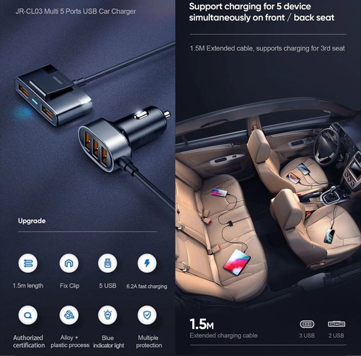 Autolader met 5 USB poorten - Snellader - USB-A - 1.5 Meter - Zwart