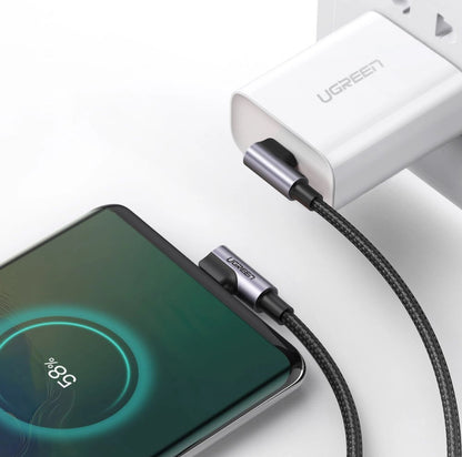 USB-C naar USB-C - 1.0 Meter - Haakse Kabel - 90 Graden - Oplader - Grijs