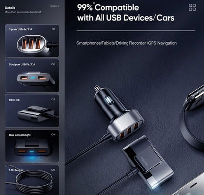 Autolader met 5 USB poorten - Snellader - USB-A - 1.5 Meter - Zwart