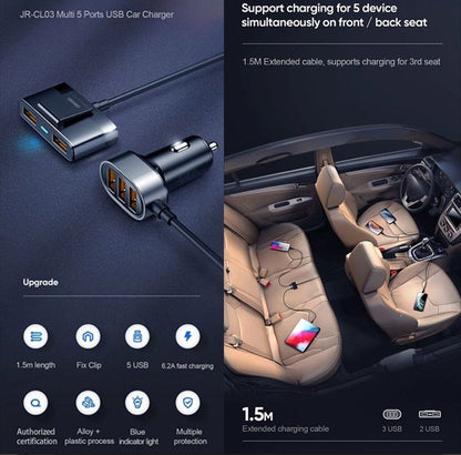 Autolader met 5 USB poorten - Snellader - USB-A - 1.5 Meter - Zwart