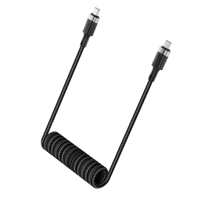 USB-C naar USB-C Kabel - Krulsnoer - Uitrekbare oplaadkabel - Universele oplaadkabel - 1.2 M - 480Mb/s - Zwart
