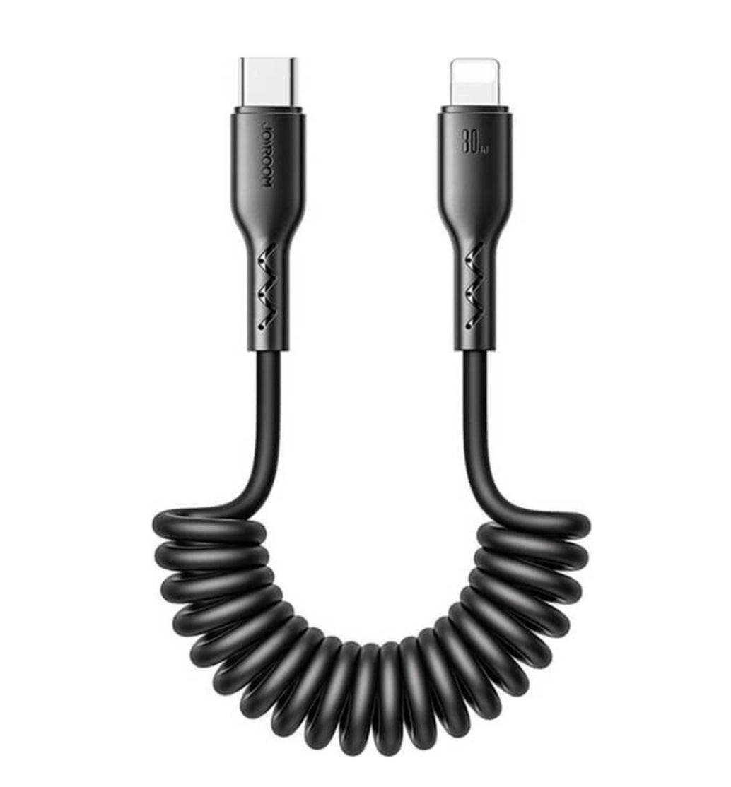 USB-C naar lightning Kabel - Krulsnoer - Uitrekbare oplaadkabel - 1.5 M - 30W - Zwart