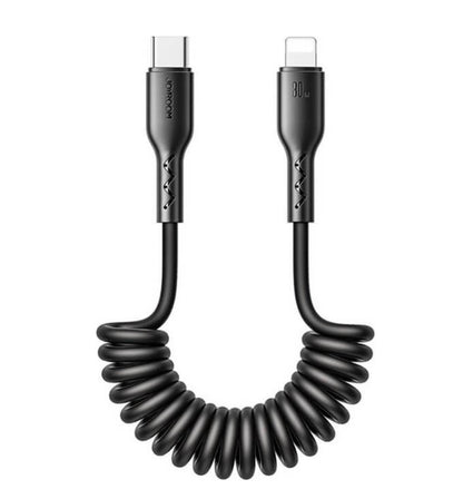 USB-C naar lightning Kabel - Krulsnoer - Uitrekbare oplaadkabel - 1.5 M - 30W - Zwart