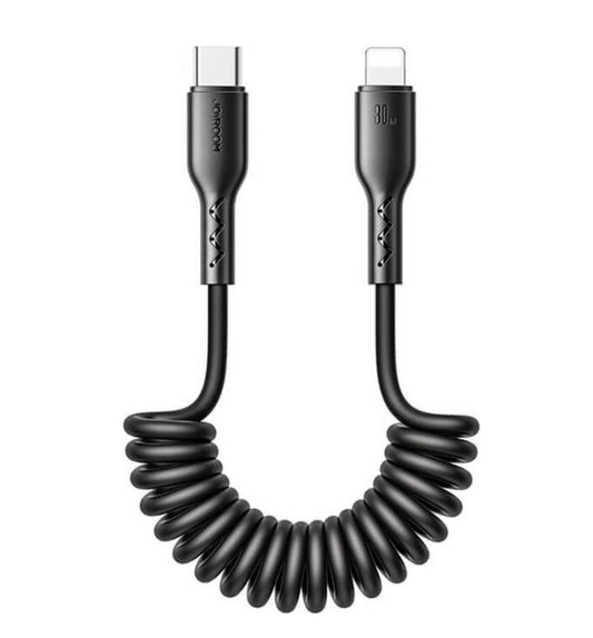 USB-C naar lightning Kabel - Krulsnoer - Uitrekbare oplaadkabel - 1.5 M - 30W - Zwart